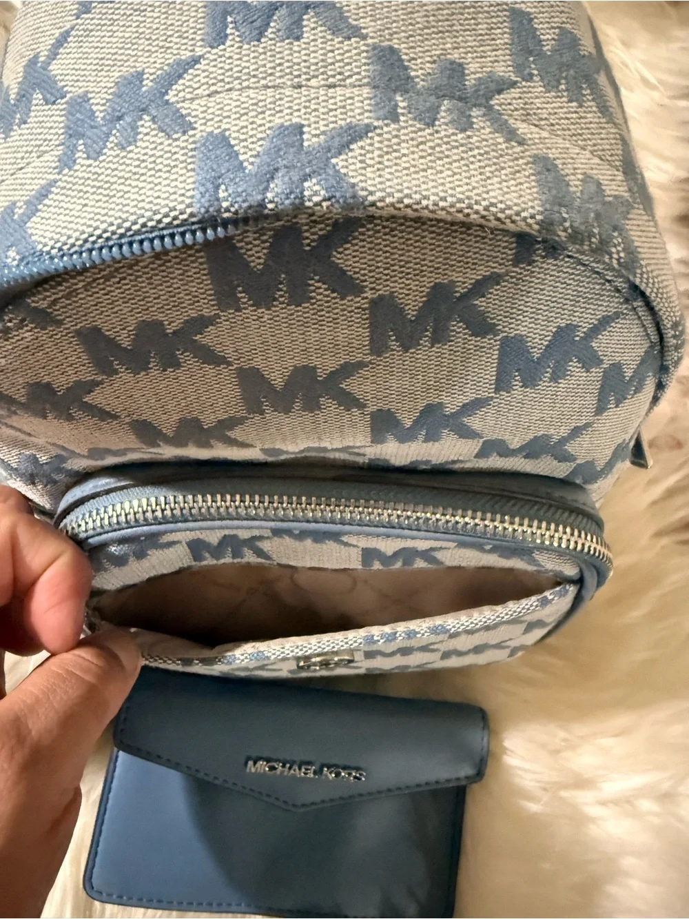 Michael Kors Light Blue MK Jacquard Mini Backpack with Card Pouch